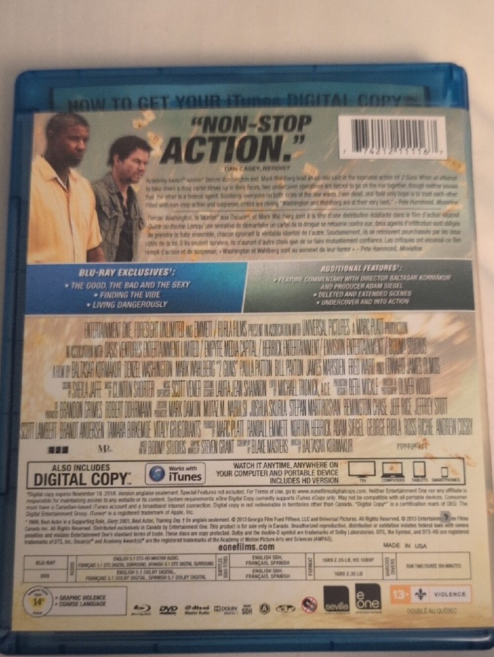 2 Guns Blu-Ray + DVD + Slipcover (Denzel Washington, Mark Wahlberg) - Picture 6 of 7